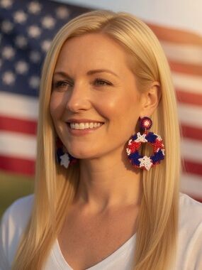 Fashion Jewelry Patriotic Red White Blue Beaded Hoop Earrings